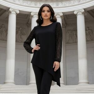 Marina Black Sheer Jeweled Long Sleeve Asymmetrical Hem Line Top Size 18 NWOT